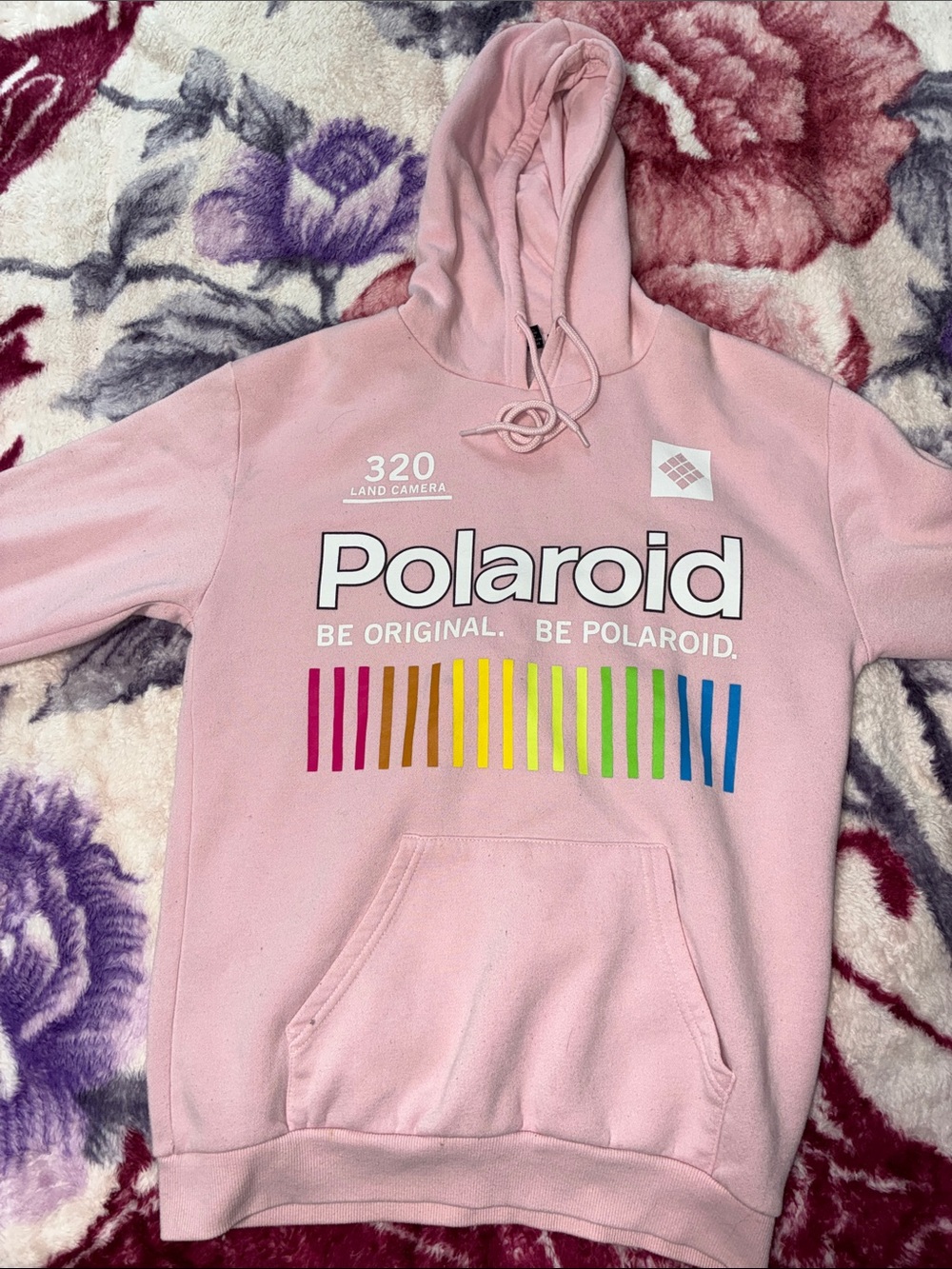 Polaroid Pink Crewneck Hoodie with Rainbow Stripe